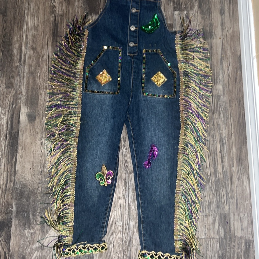 Embellished Denim Overalls with Fringe